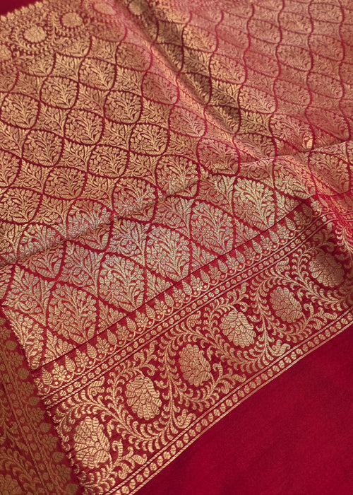 Pure Red Organza Gold Zari weaving
