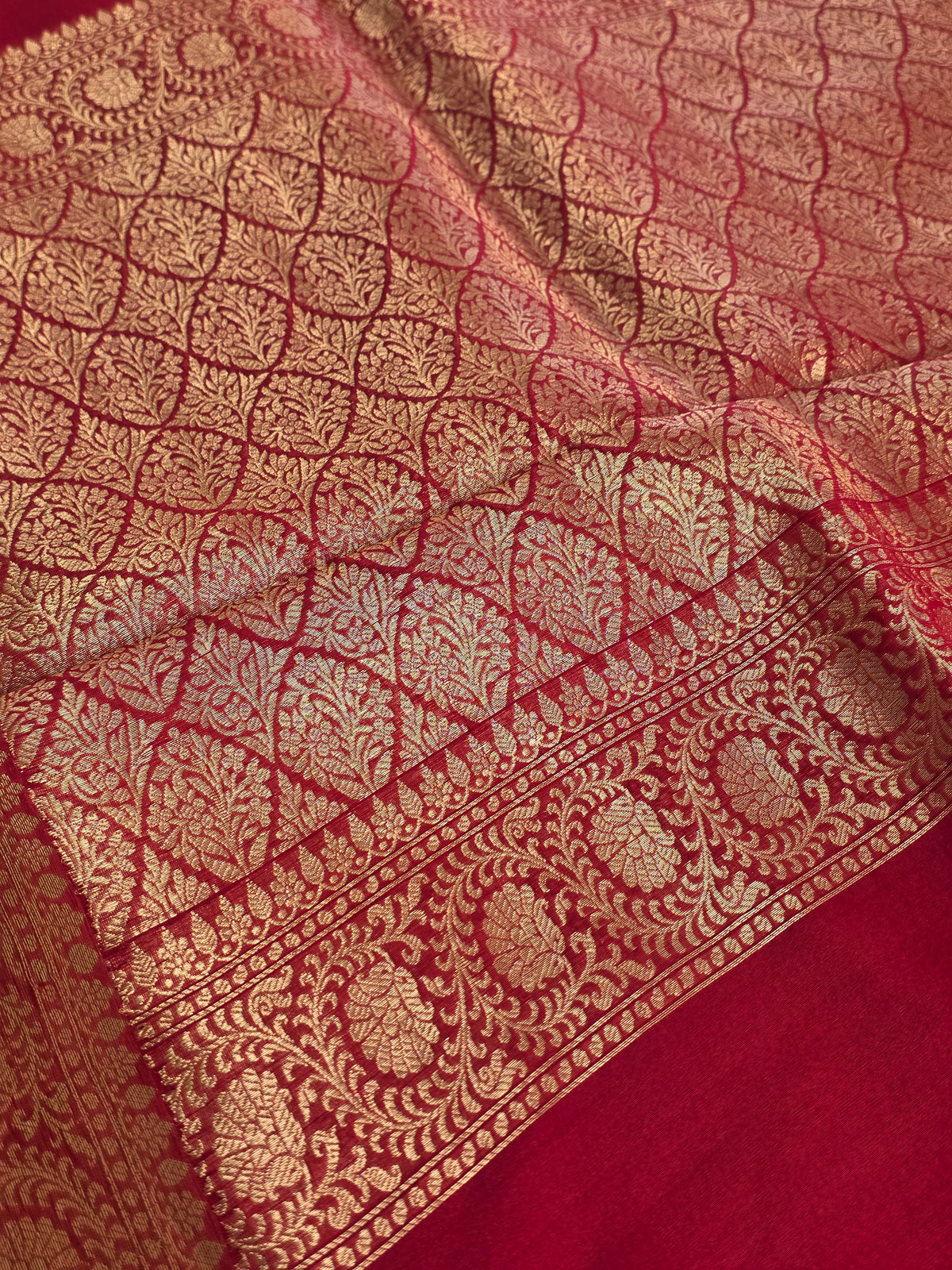 Pure Red Organza Gold Zari weaving