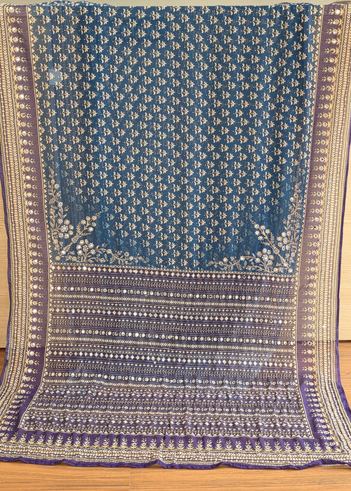 Blue and Purple contrast Georgette Saree with Real Mirror & Cutdana Work