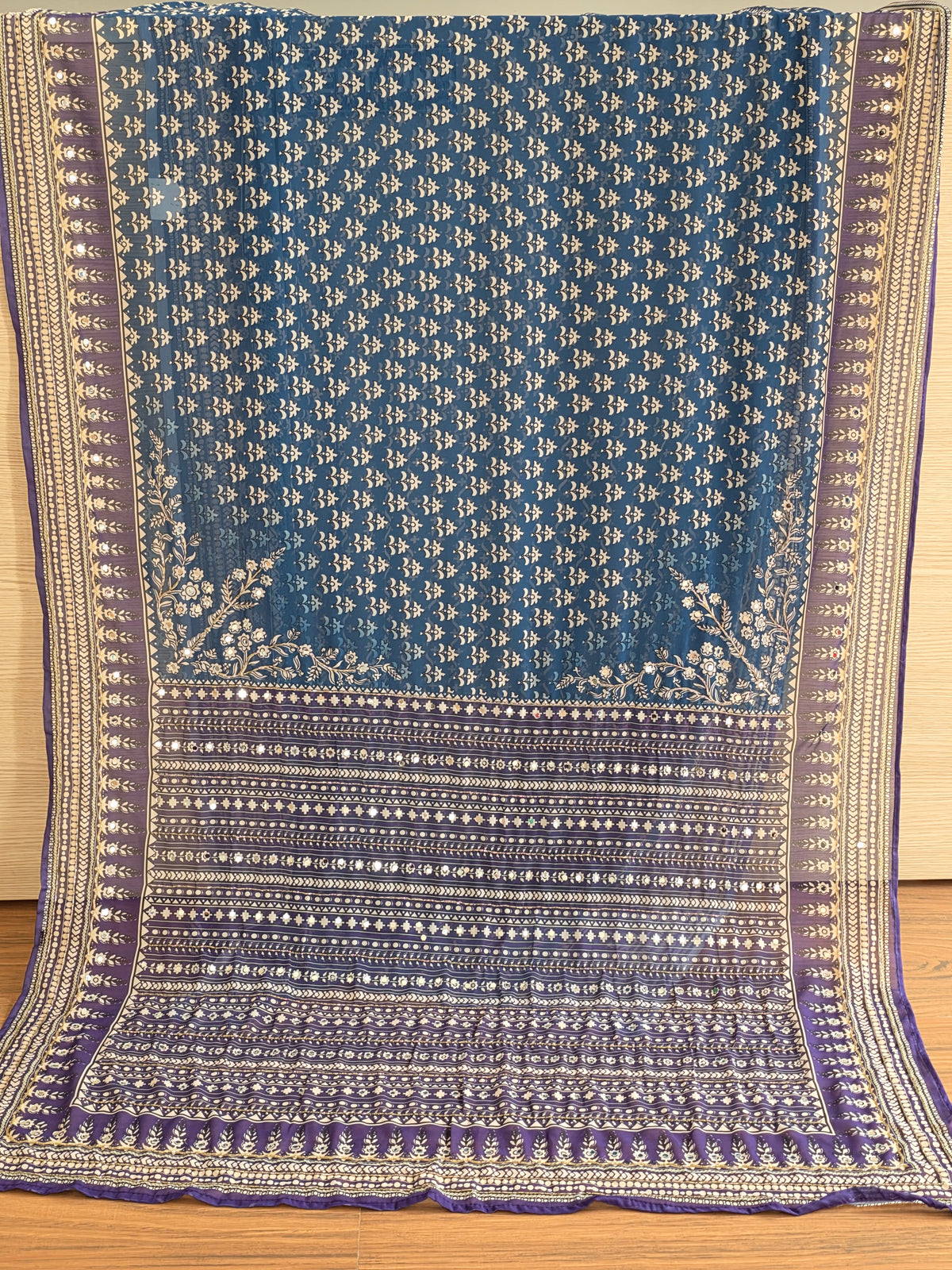 Blue and Purple contrast Georgette Saree with Real Mirror & Cutdana Work