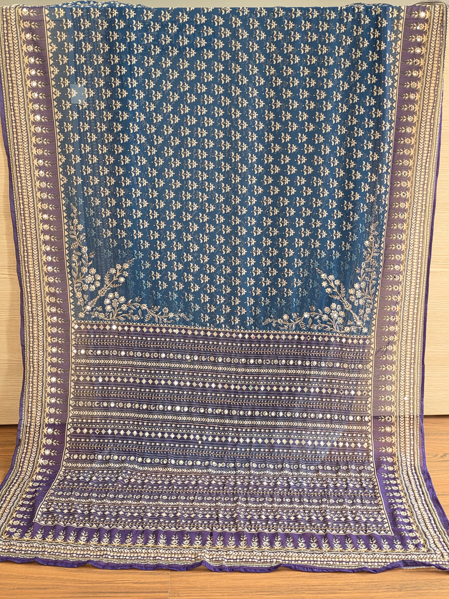 Blue and Purple contrast Georgette Saree with Real Mirror & Cutdana Work