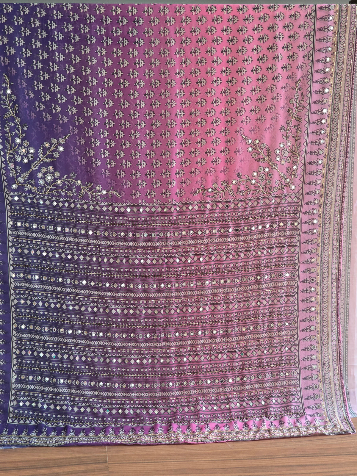 Georgette Saree with Real Mirror & Cutdana Work in  Pink n Purple contrast