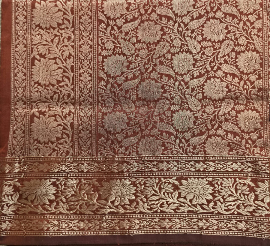 UP000017 - Banarasi Pure Silk Gold Butta Brown - Katan Silk