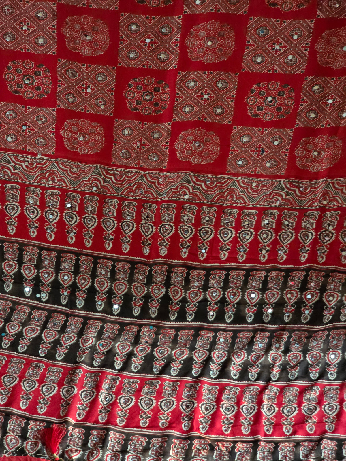 Modal Ajrakh Saree with Mirror Work – Red & Dark Brown
