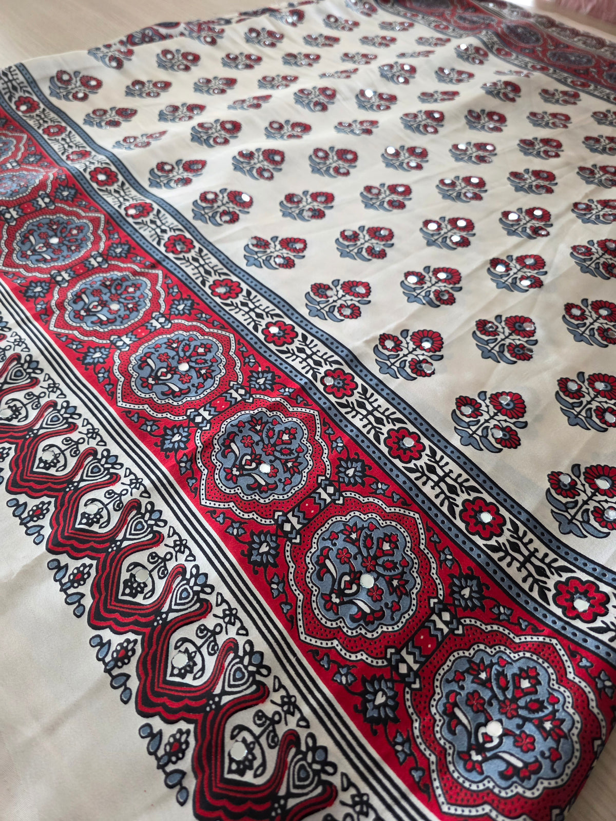 JD000556 Modal Ajrakh in Offwhite with Red design