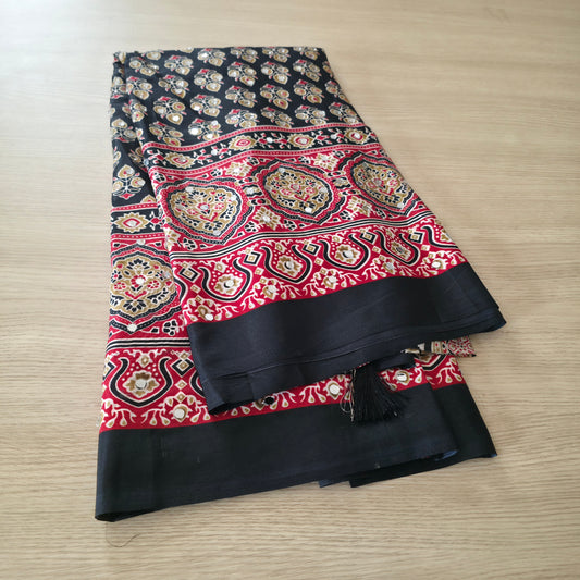 JD00081 Pure Modal Ajrakh classic Red and black with real mirror work