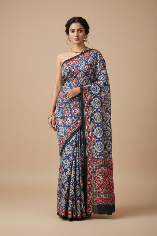 Pure Modal Ajrakh classic  Blue with mirror