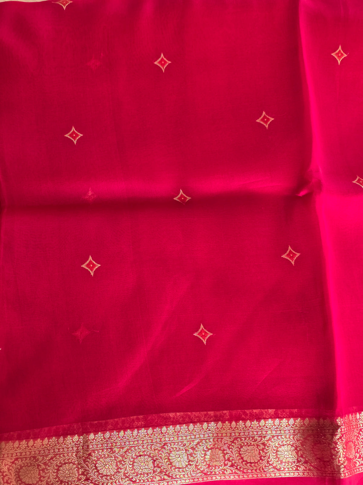 Pure Red Organza Gold Zari weaving