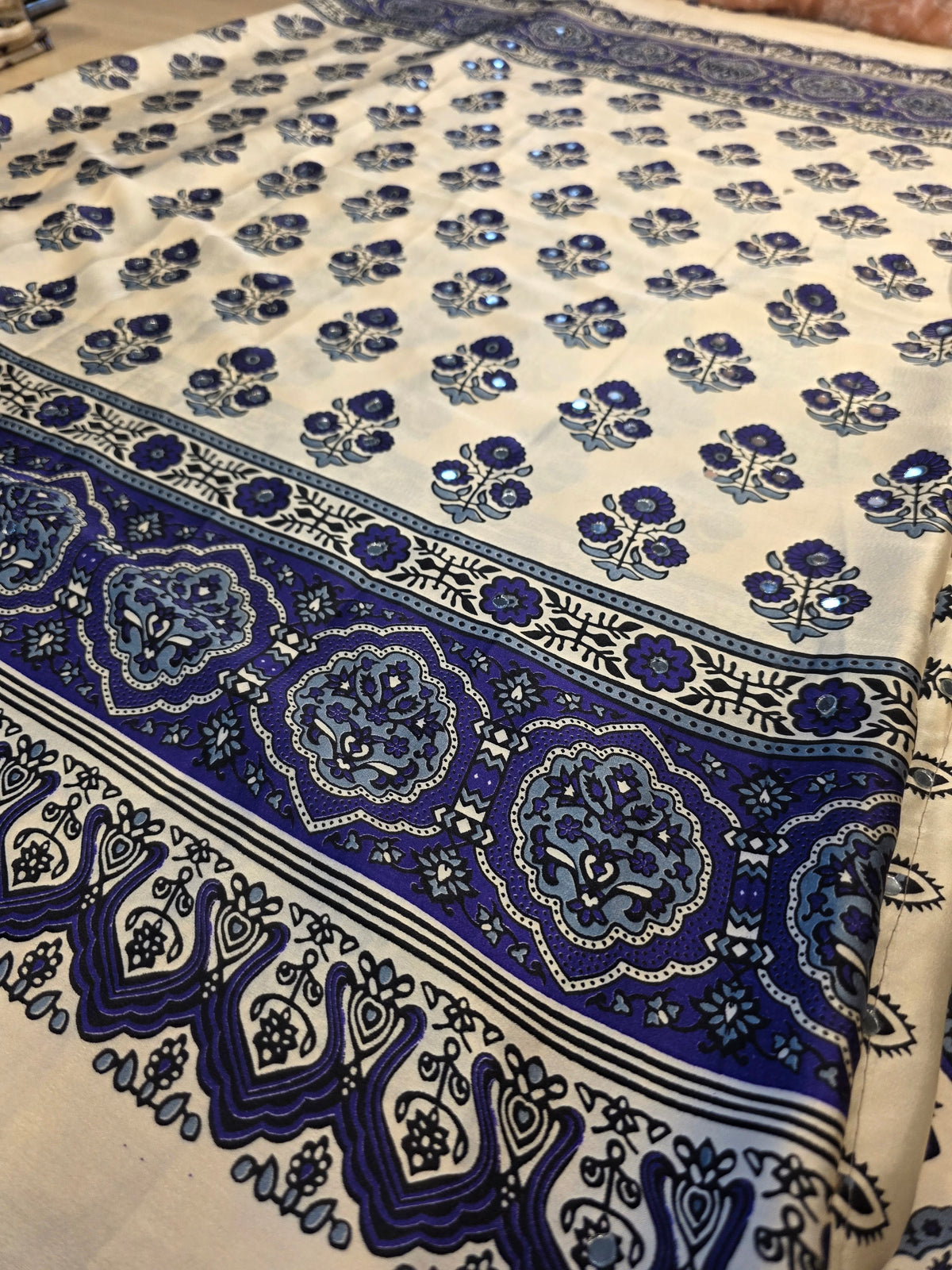 JD000553 Modal Ajrakh in Off White With Mirror - Blue design
