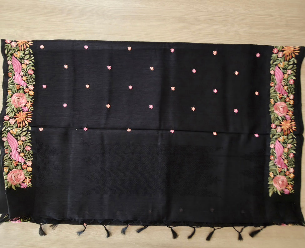 UP000229 Tussar with thread Embroidery Black
