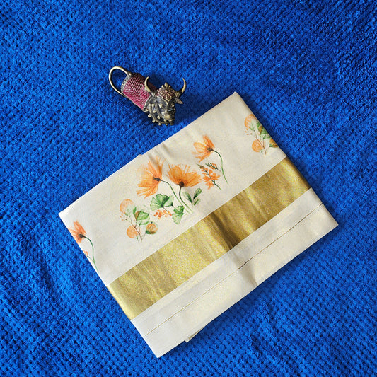 KL000007 - Kerala Saree - Spray Paint Saree with light Orange flower design