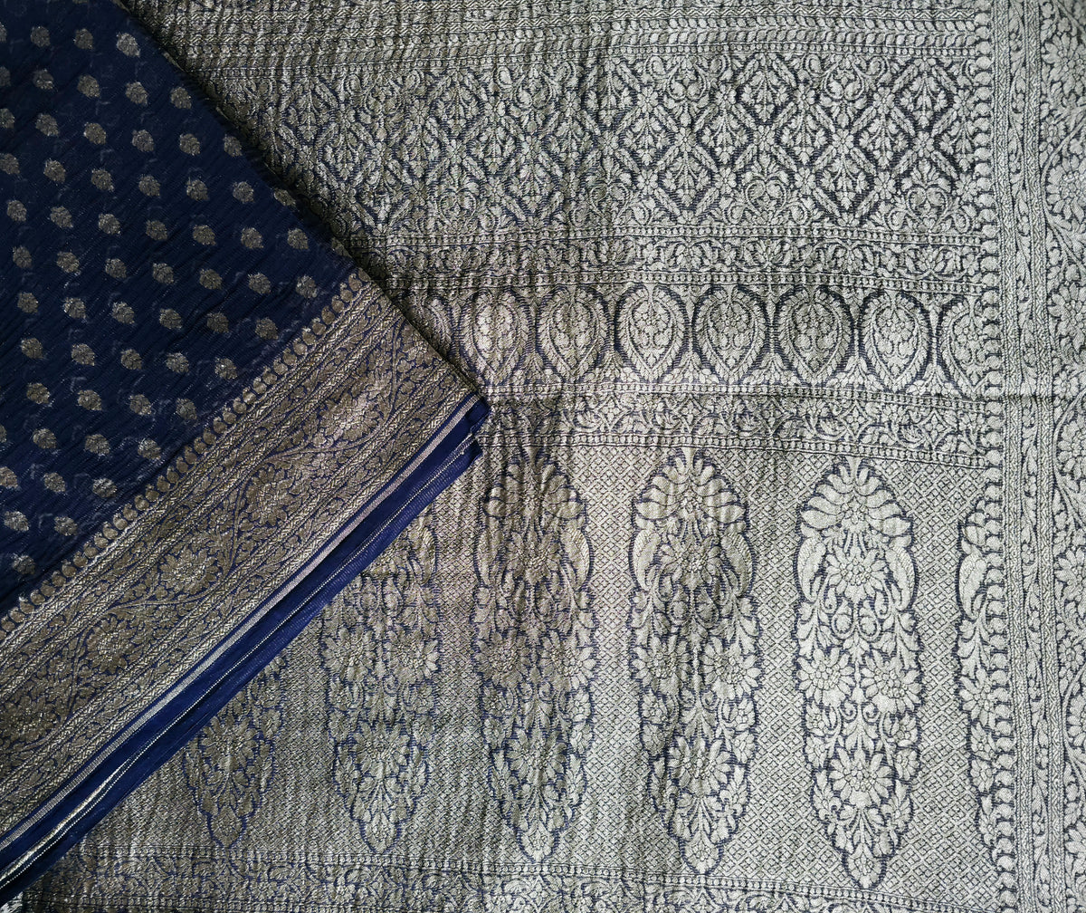 UP000030 - Pure Silk Khaddi Georgette Tissue Pure Silk  – Dual Tone Deep Blue & Silver