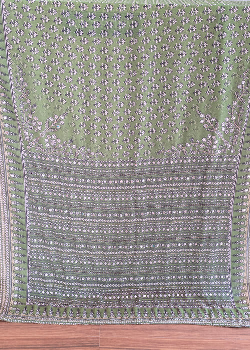 Green  Georgette with real mirror and cutdana work
